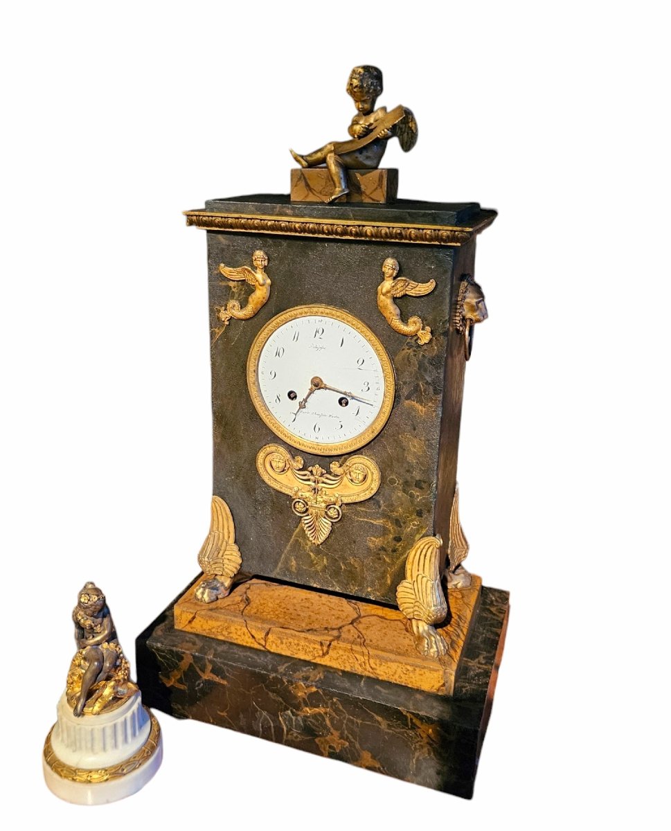 Large Empire-style Grandfather Clock Made Of Painted Sheet Metal And Gilded Bronze, Signed "delafosse, Paris"