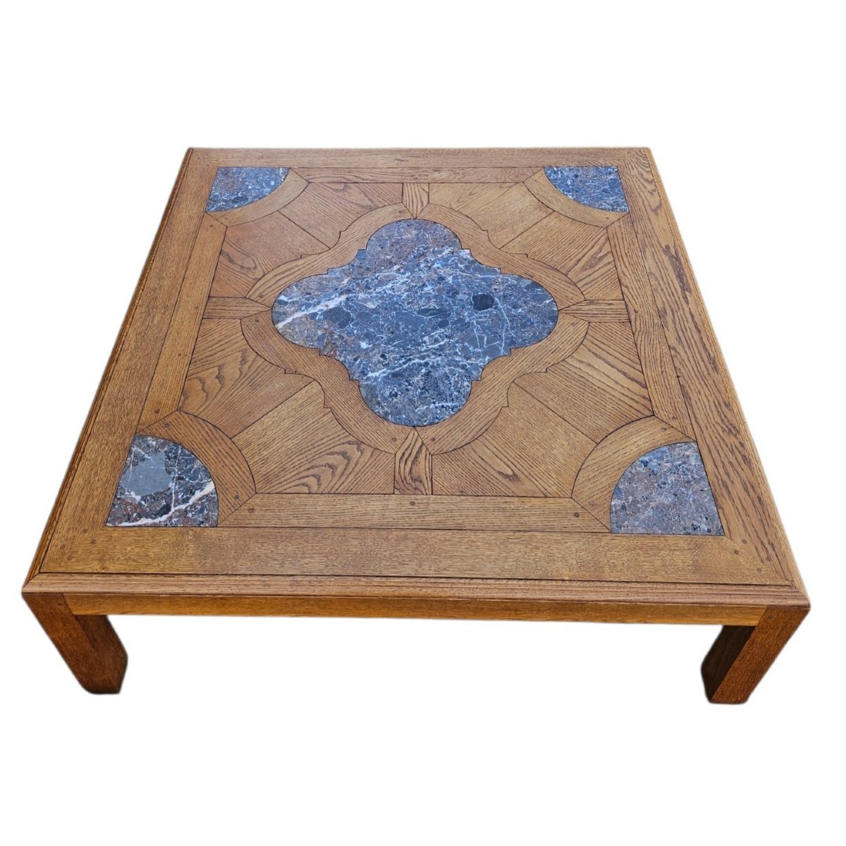 Grande table basse 135 x 135 cm st Louis XIV  Chêne & Marqueterie de marbre-photo-1