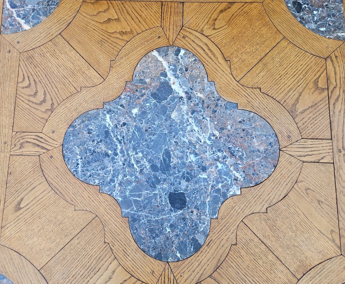 Grande table basse 135 x 135 cm st Louis XIV  Chêne & Marqueterie de marbre-photo-3