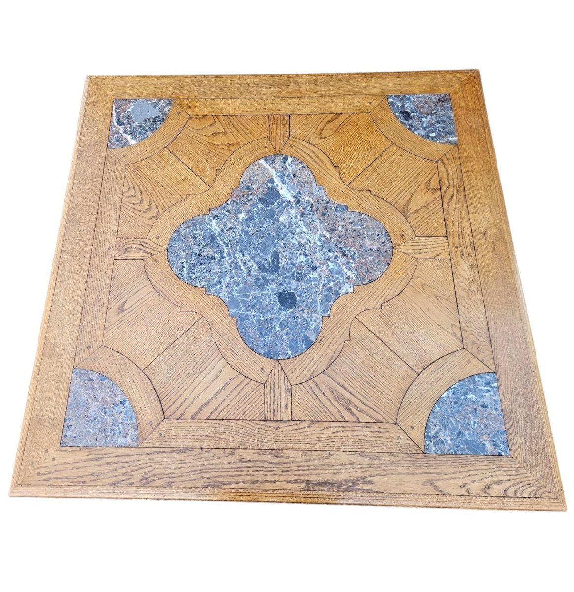 Grande table basse 135 x 135 cm st Louis XIV  Chêne & Marqueterie de marbre-photo-4