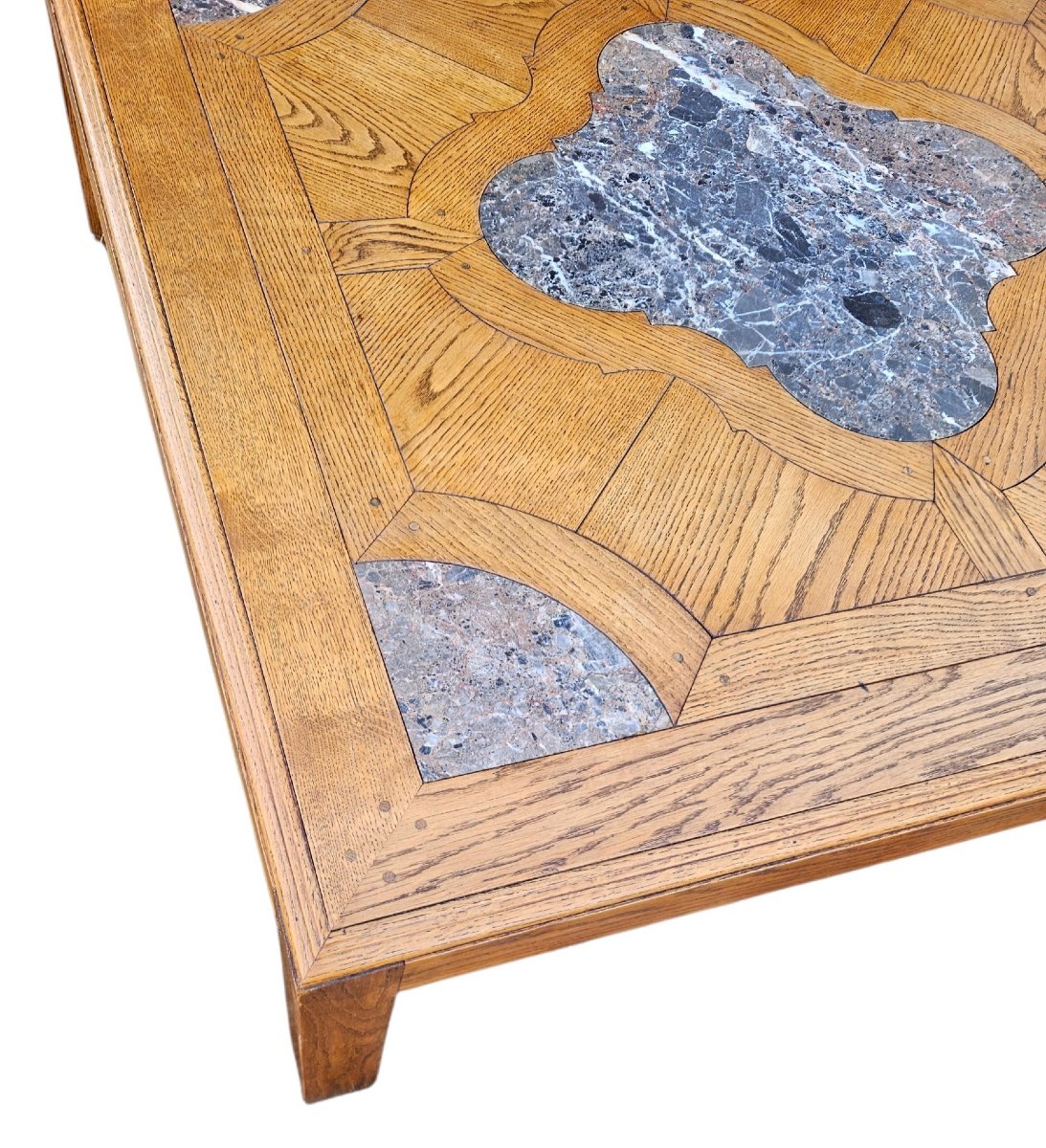 Grande table basse 135 x 135 cm st Louis XIV  Chêne & Marqueterie de marbre-photo-7