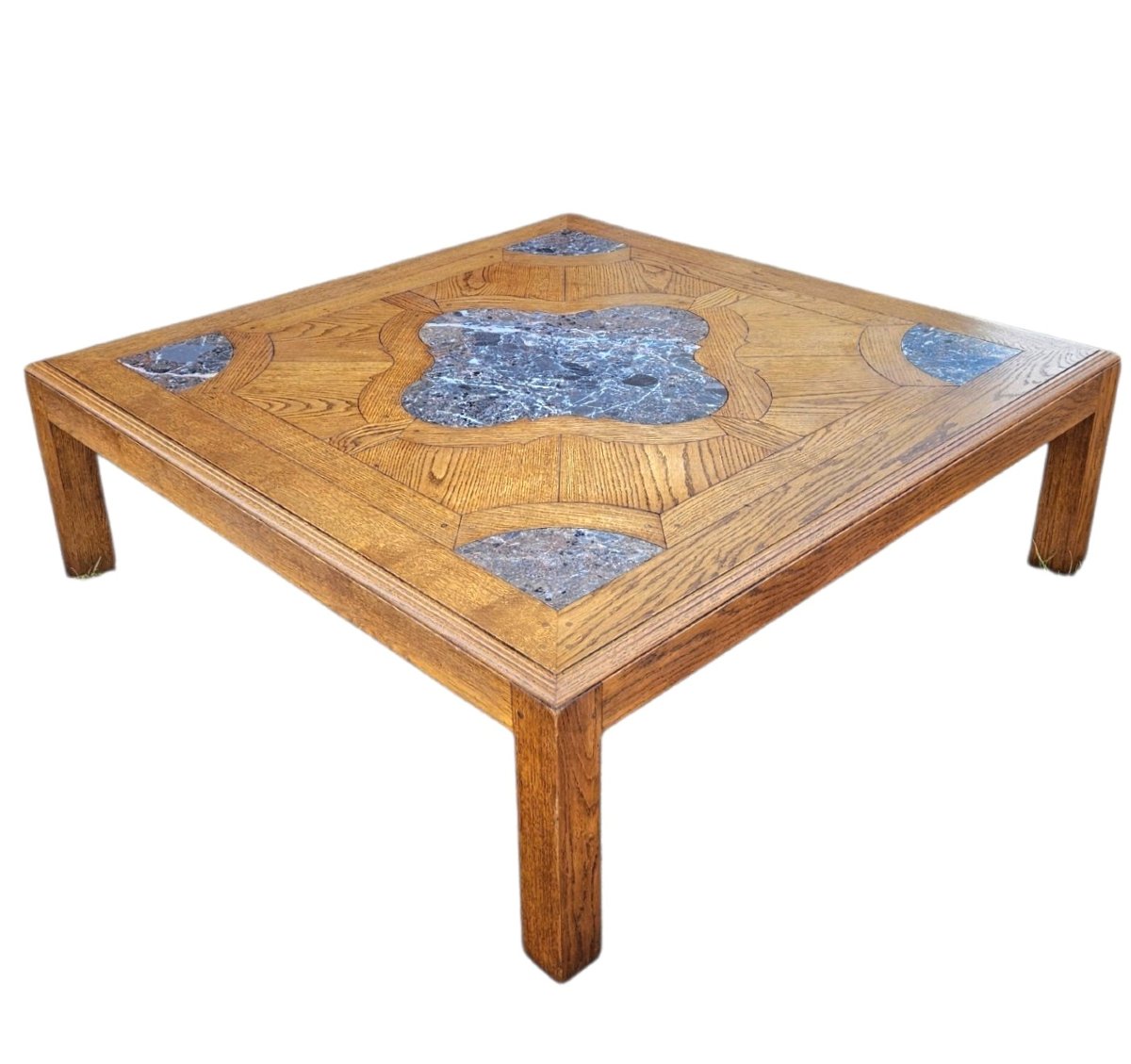 Grande table basse 135 x 135 cm st Louis XIV  Chêne & Marqueterie de marbre