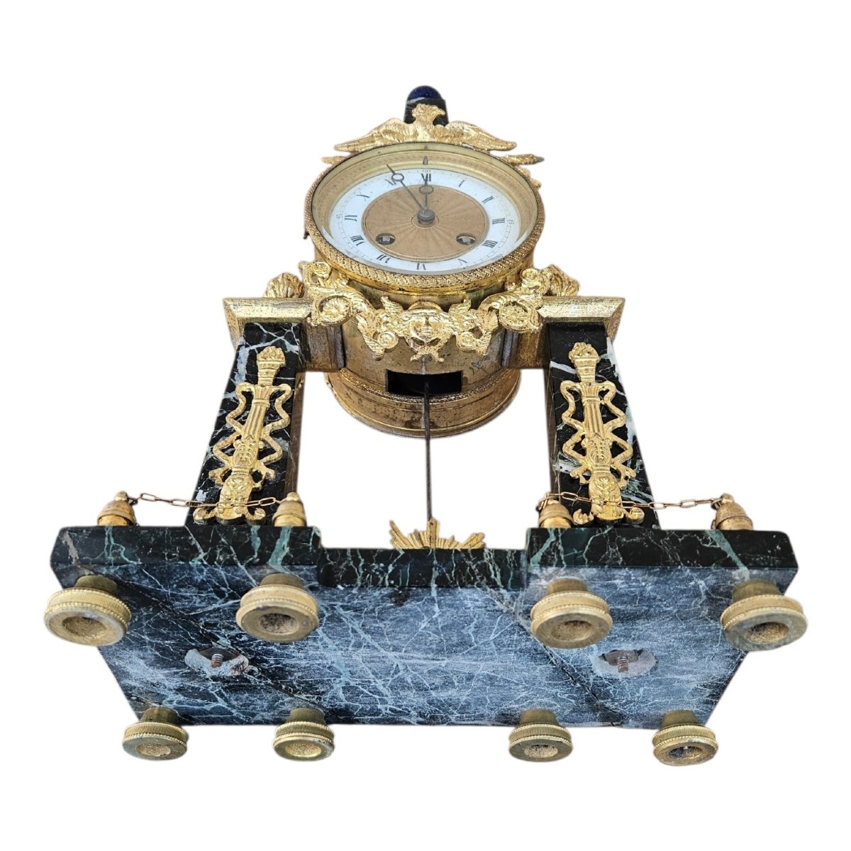 Empire-style Clock With A Gilded Bronze Obelisk And Green Marble-photo-3
