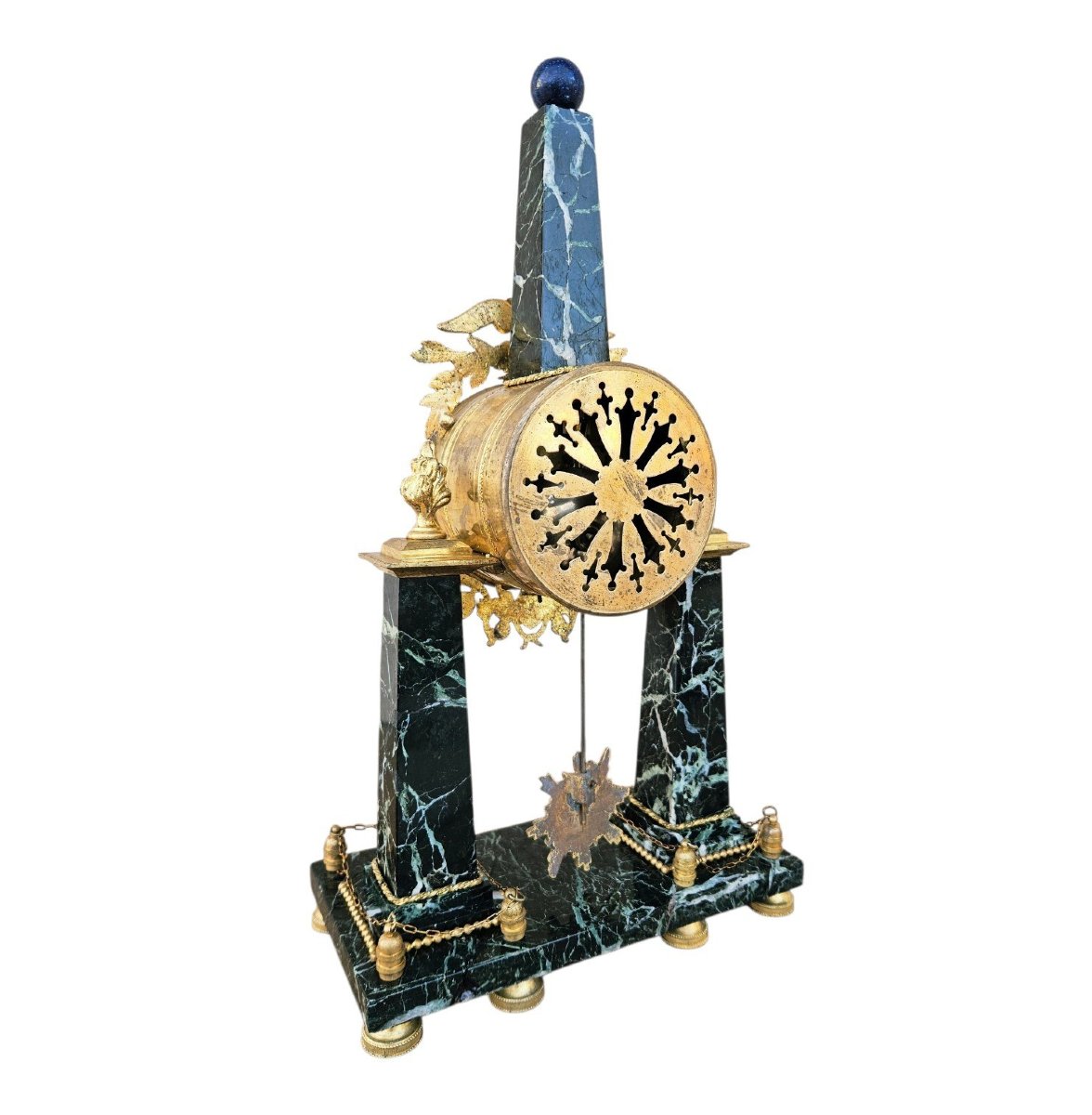 Empire-style Clock With A Gilded Bronze Obelisk And Green Marble-photo-4