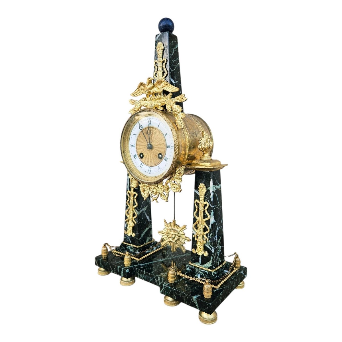 Empire-style Clock With A Gilded Bronze Obelisk And Green Marble-photo-7
