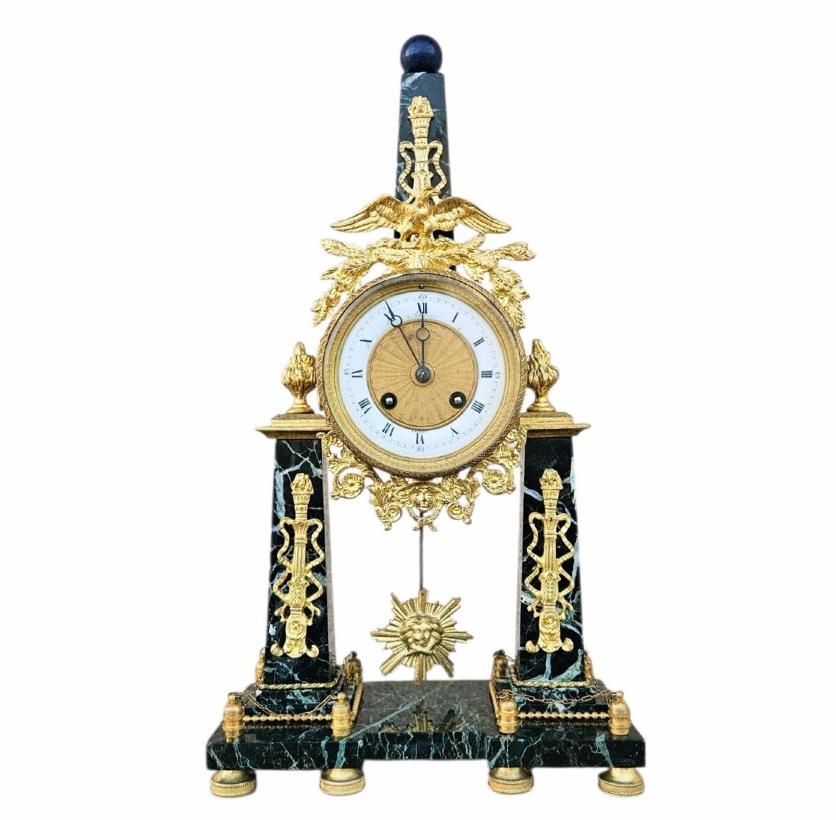 Empire-style Clock With A Gilded Bronze Obelisk And Green Marble