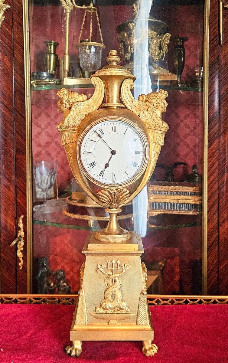 Claude Galle: Gilded Bronze Urn-shaped Clock With Busts Of Winged Mermaids, Empire Period