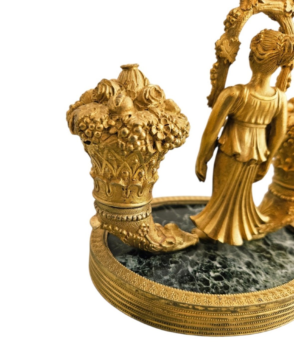 Allegorical Inkwell From The Empire Period In Gilded Bronze And Green Marble-photo-2