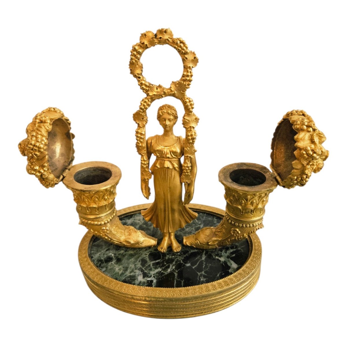 Allegorical Inkwell From The Empire Period In Gilded Bronze And Green Marble-photo-4