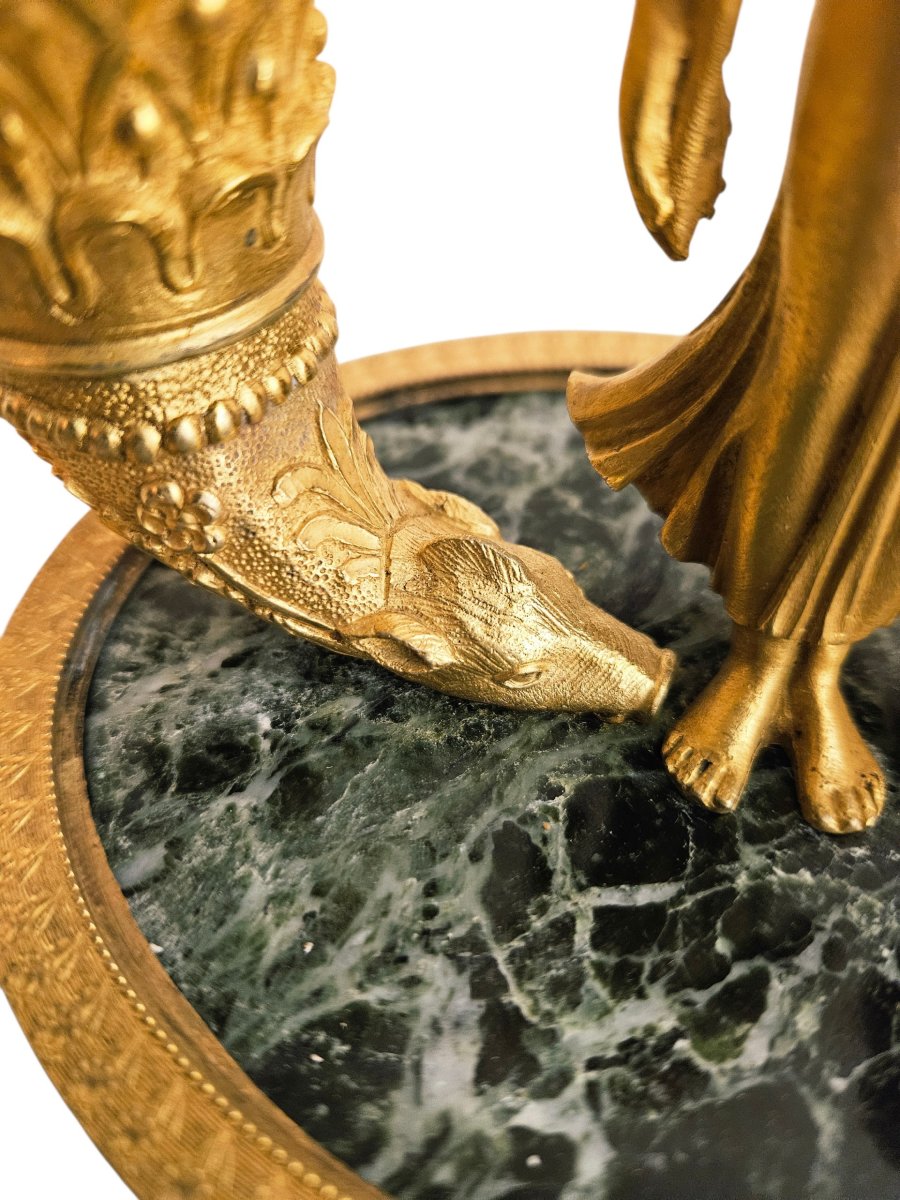 Allegorical Inkwell From The Empire Period In Gilded Bronze And Green Marble-photo-3
