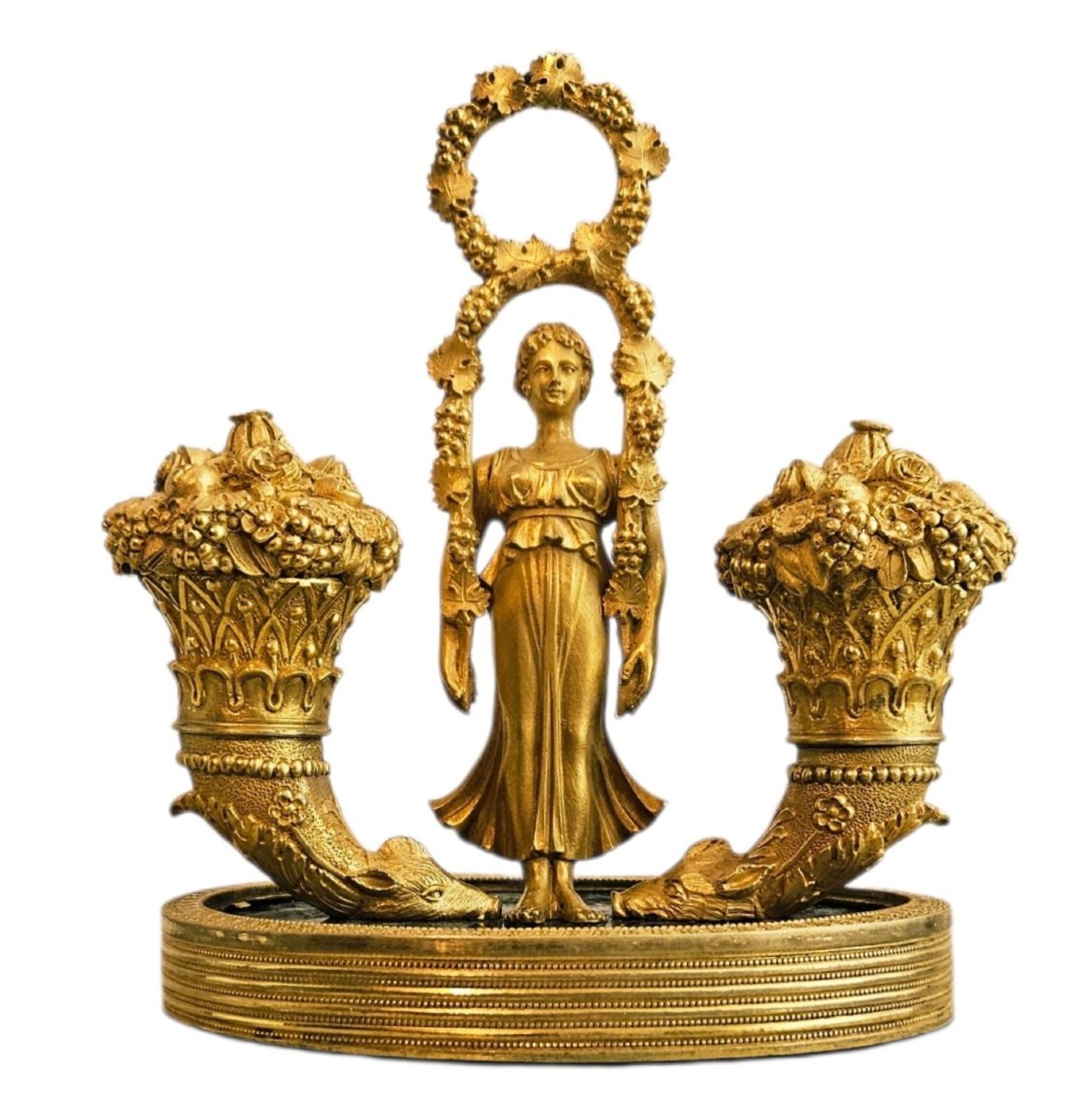 Allegorical Inkwell From The Empire Period In Gilded Bronze And Green Marble-photo-6