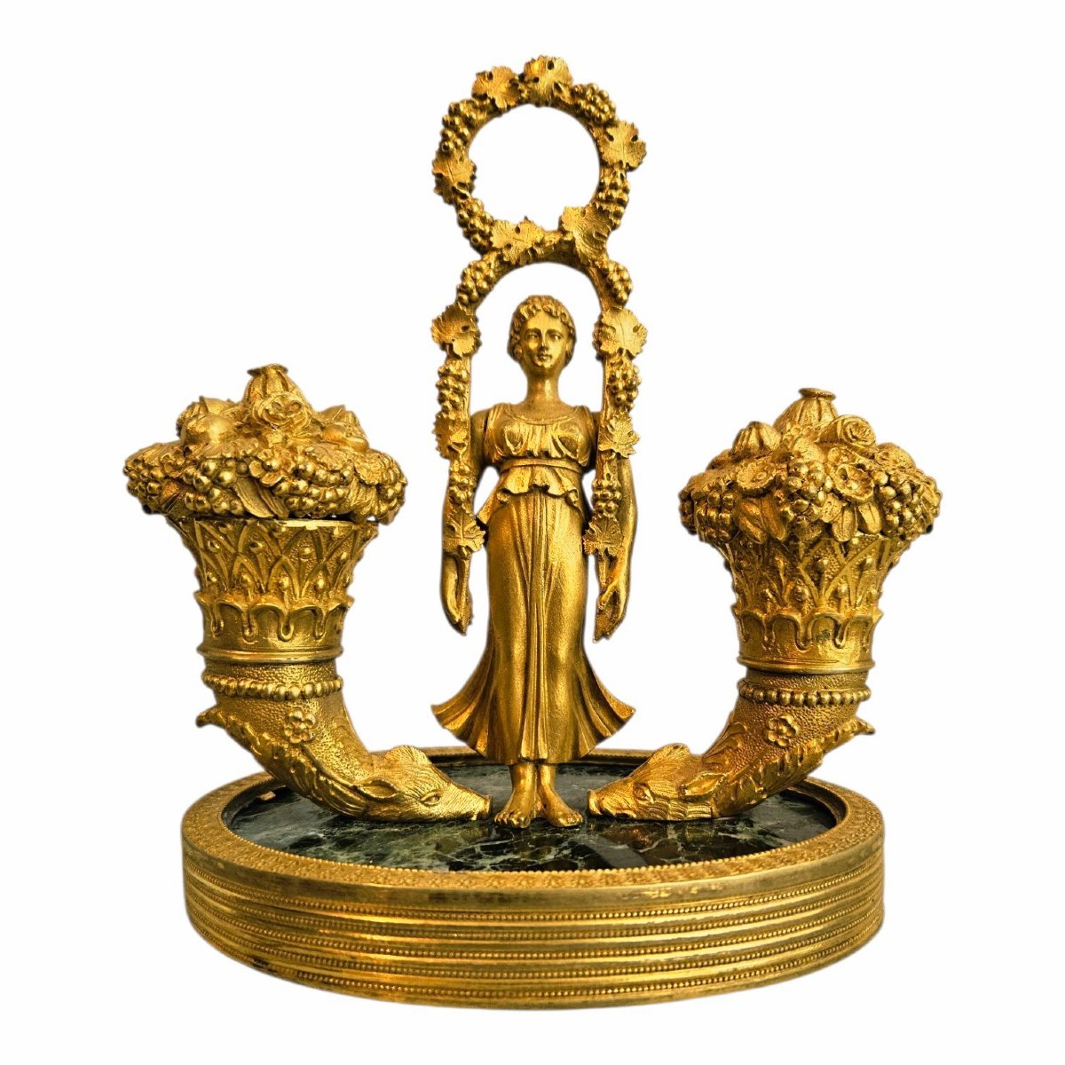 Allegorical Inkwell From The Empire Period In Gilded Bronze And Green Marble