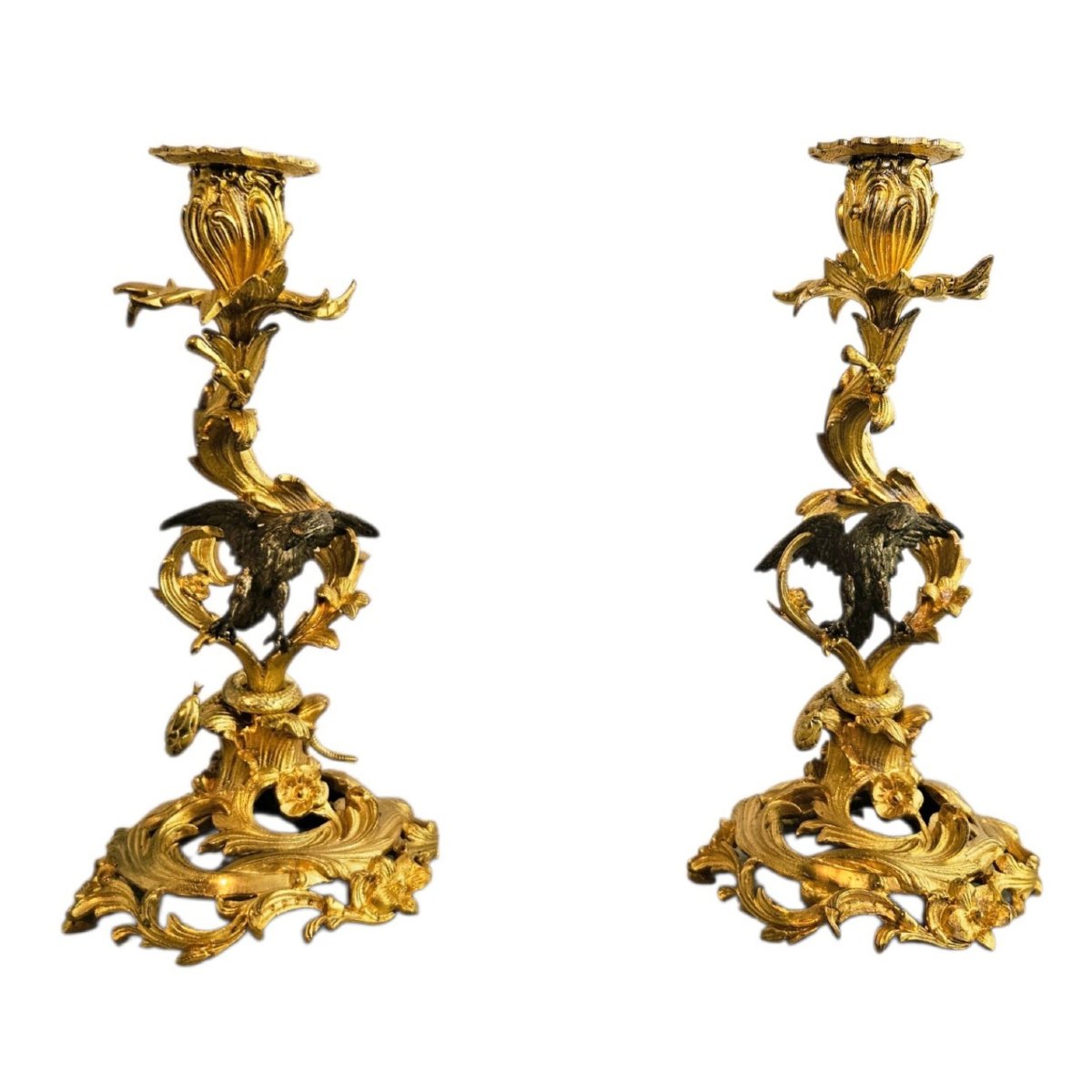 Gilded Bronze Candlesticks, With Eagle And Serpent Motifs, Napoleon III Style