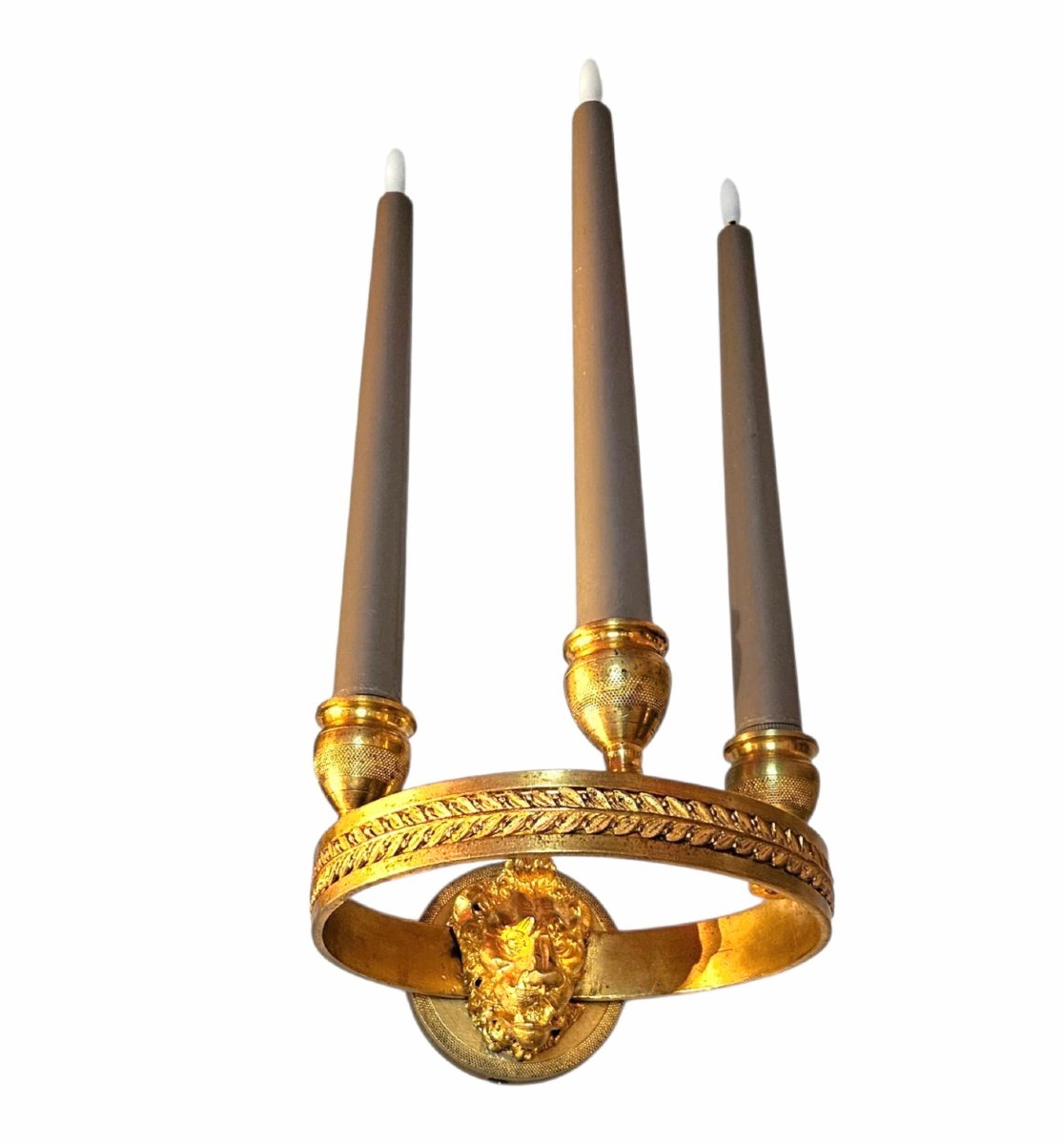 Pair Of 19th-century Empire-style Gilt-bronze Circular Wall Sconces With Lion Heads-photo-2