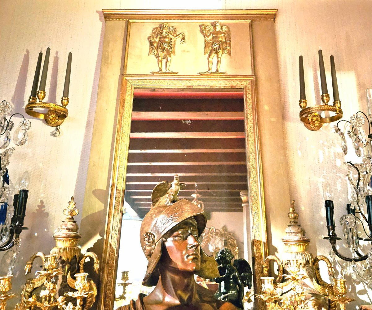 Pair Of 19th-century Empire-style Gilt-bronze Circular Wall Sconces With Lion Heads-photo-4