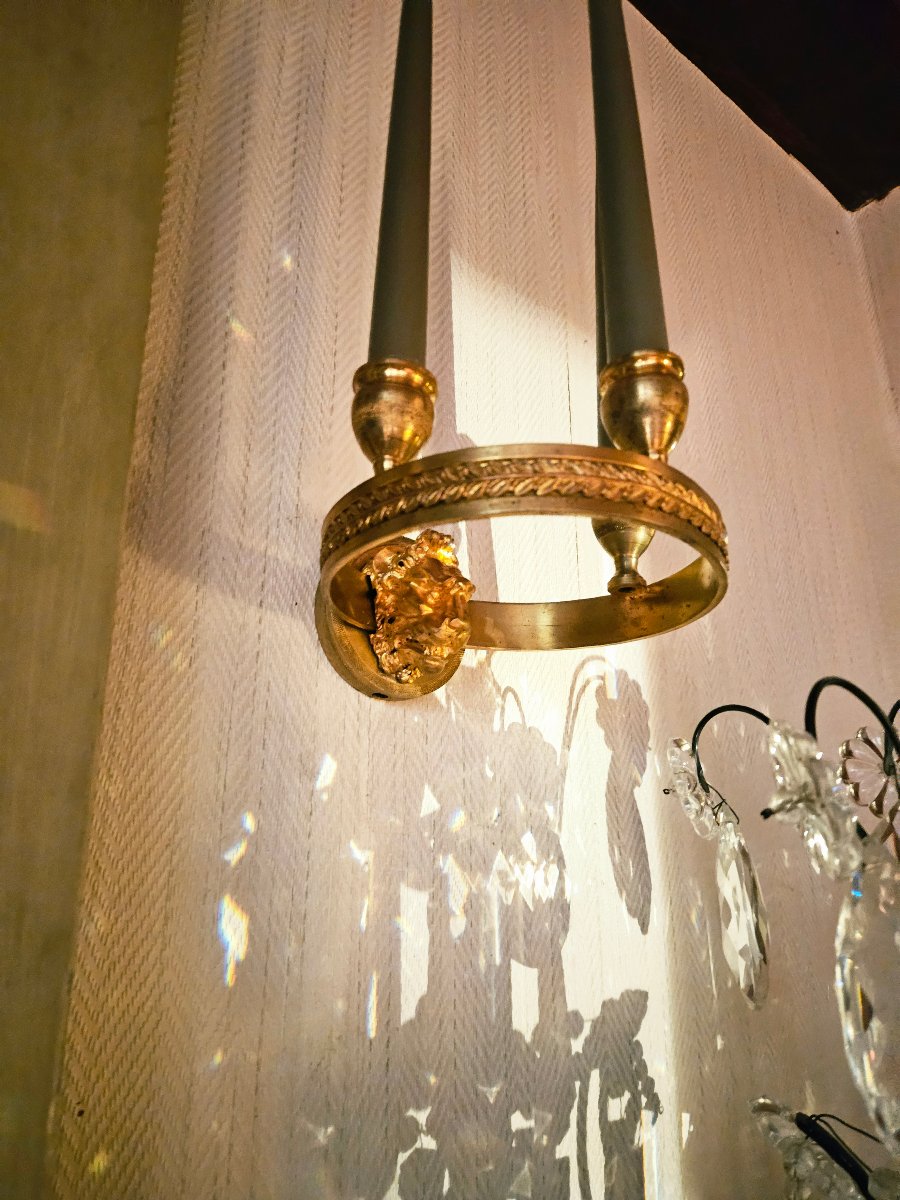Pair Of 19th-century Empire-style Gilt-bronze Circular Wall Sconces With Lion Heads-photo-5