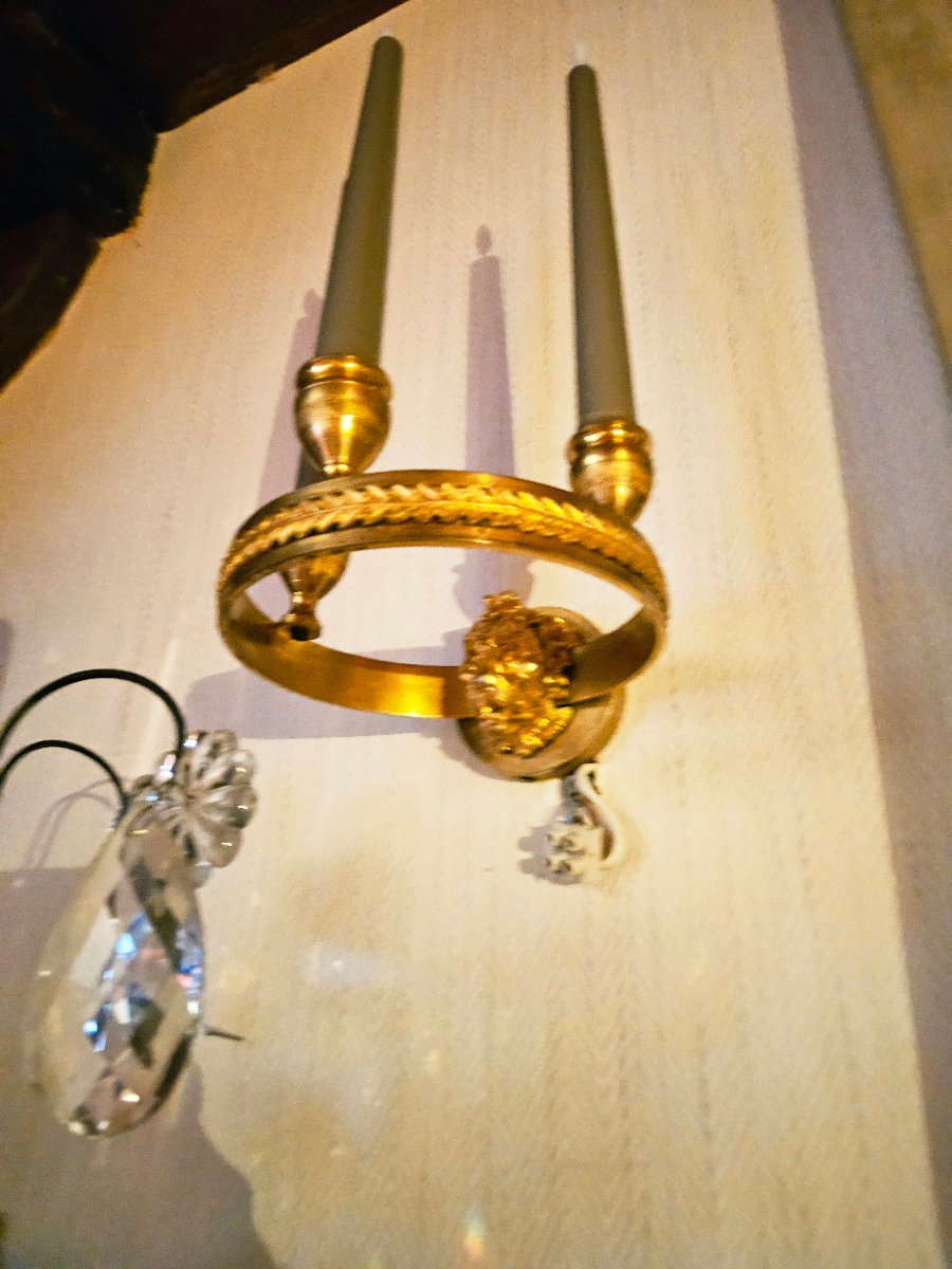 Pair Of 19th-century Empire-style Gilt-bronze Circular Wall Sconces With Lion Heads-photo-8