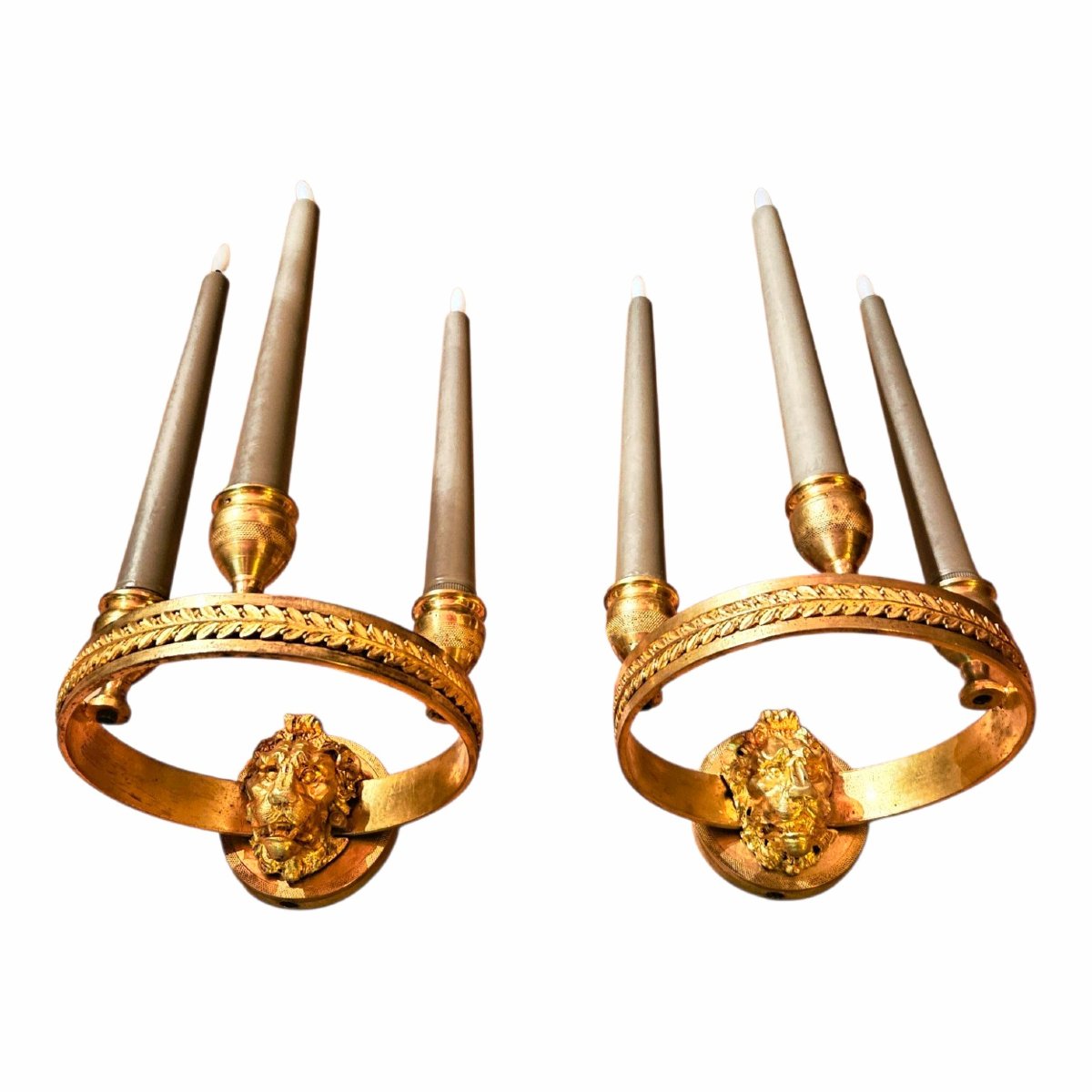Pair Of 19th-century Empire-style Gilt-bronze Circular Wall Sconces With Lion Heads