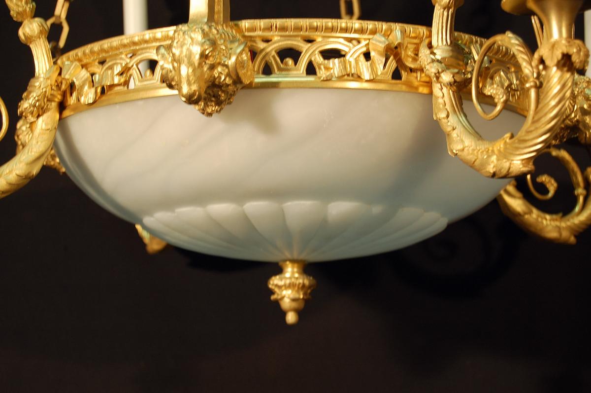 Lustre En Bronze Doré Et Ciselé, Coupe En Albâtre-photo-4