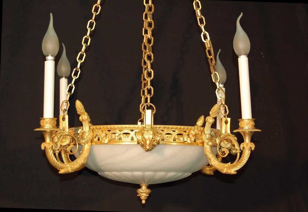 Lustre En Bronze Doré Et Ciselé, Coupe En Albâtre-photo-6