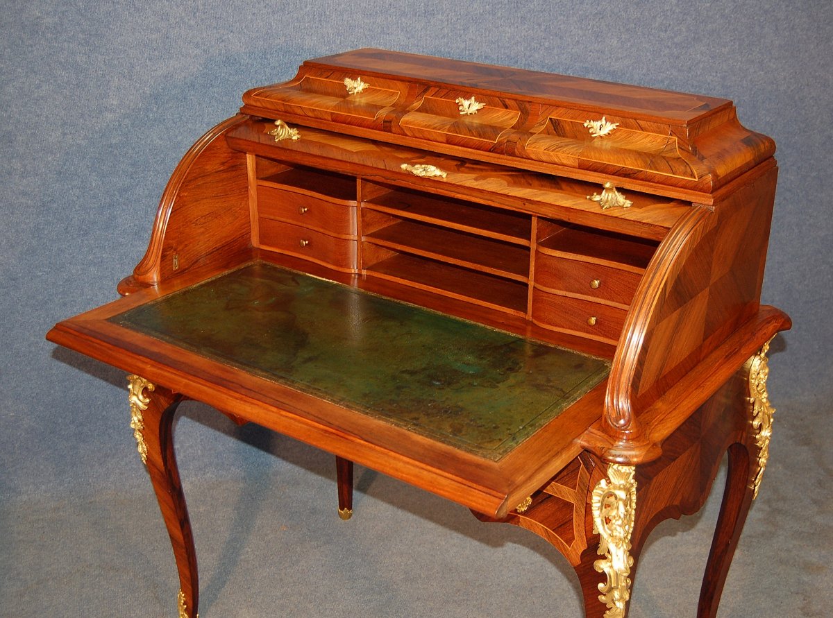 Bureau Cylindre Louis XV En Marqueterie Et Bronze Doré-photo-4