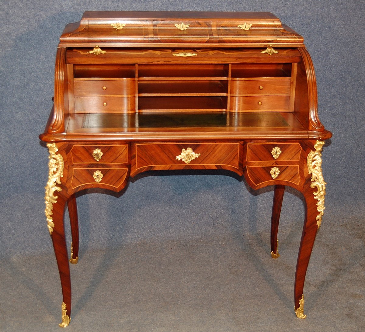 Bureau Cylindre Louis XV En Marqueterie Et Bronze Doré-photo-6