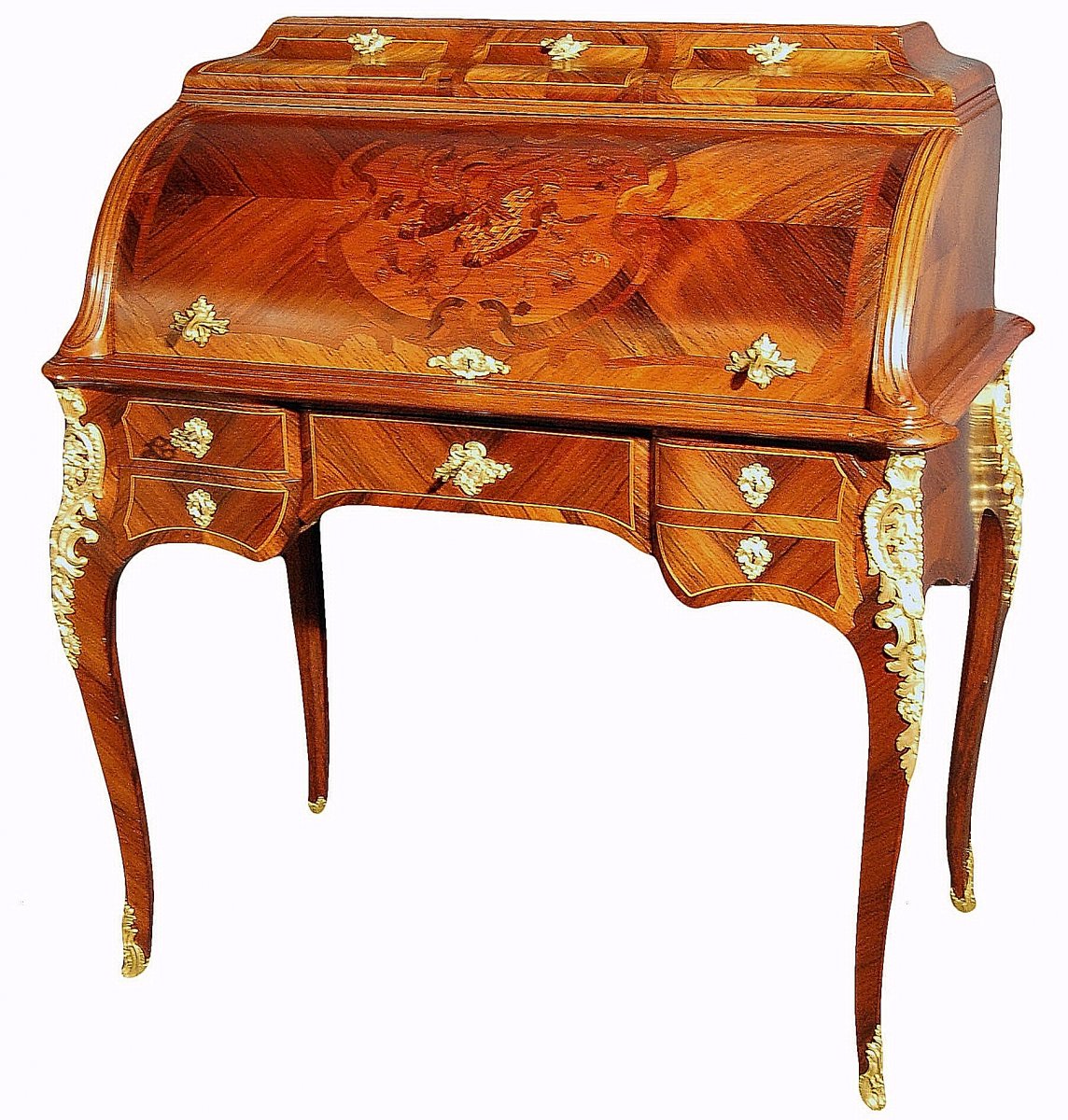 Bureau Cylindre Louis XV En Marqueterie Et Bronze Doré