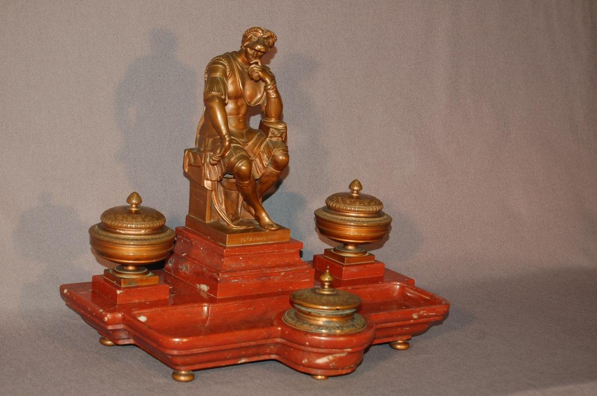 Important Inkwell, After Michelangelo Laurent De Medici, In Bronze And Red Marble-photo-3