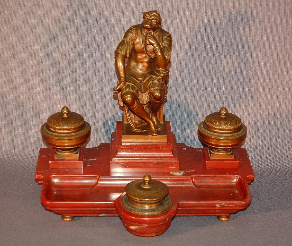 Important Inkwell, After Michelangelo Laurent De Medici, In Bronze And Red Marble-photo-7