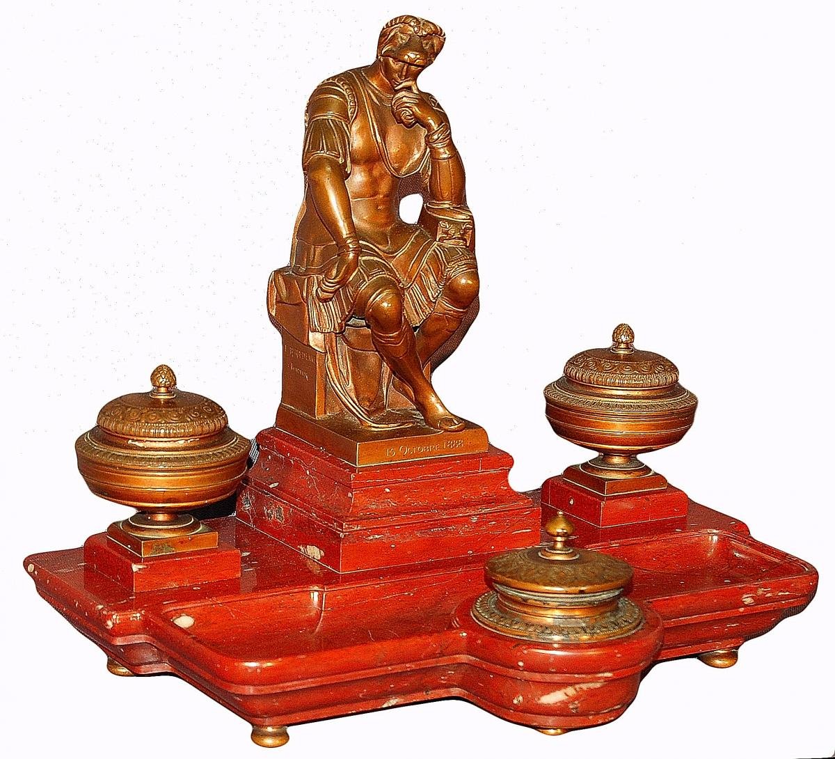 Important Inkwell, After Michelangelo Laurent De Medici, In Bronze And Red Marble