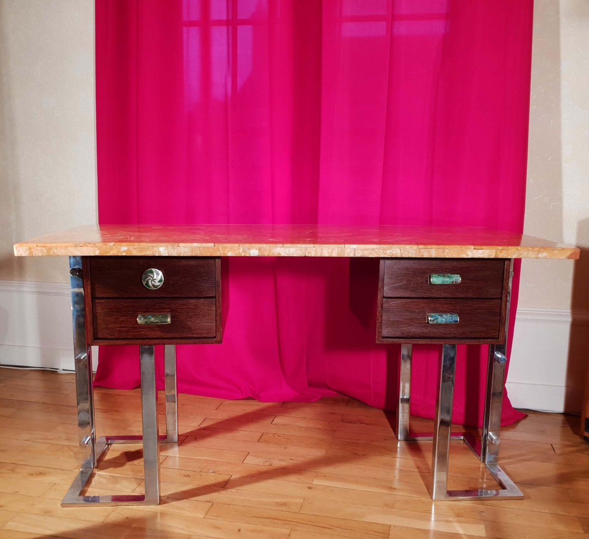 Bureau 70&#039;s En Palmier, Chrome, Cornaline Et Bronze Cloisonn&eacute;-photo-1