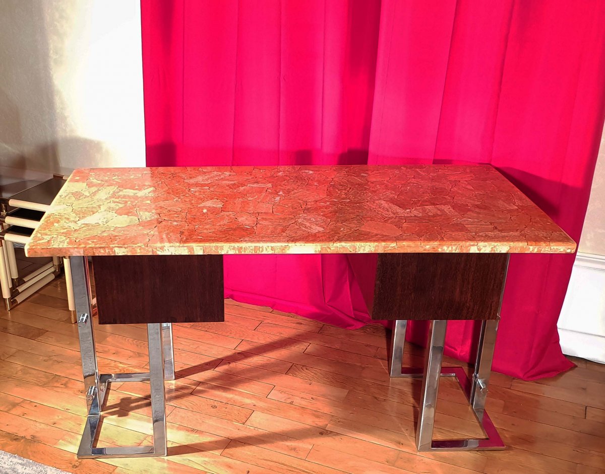 70's Desk In Palm Tree, Chrome, Carnelian And Cloisonne Bronze-photo-5