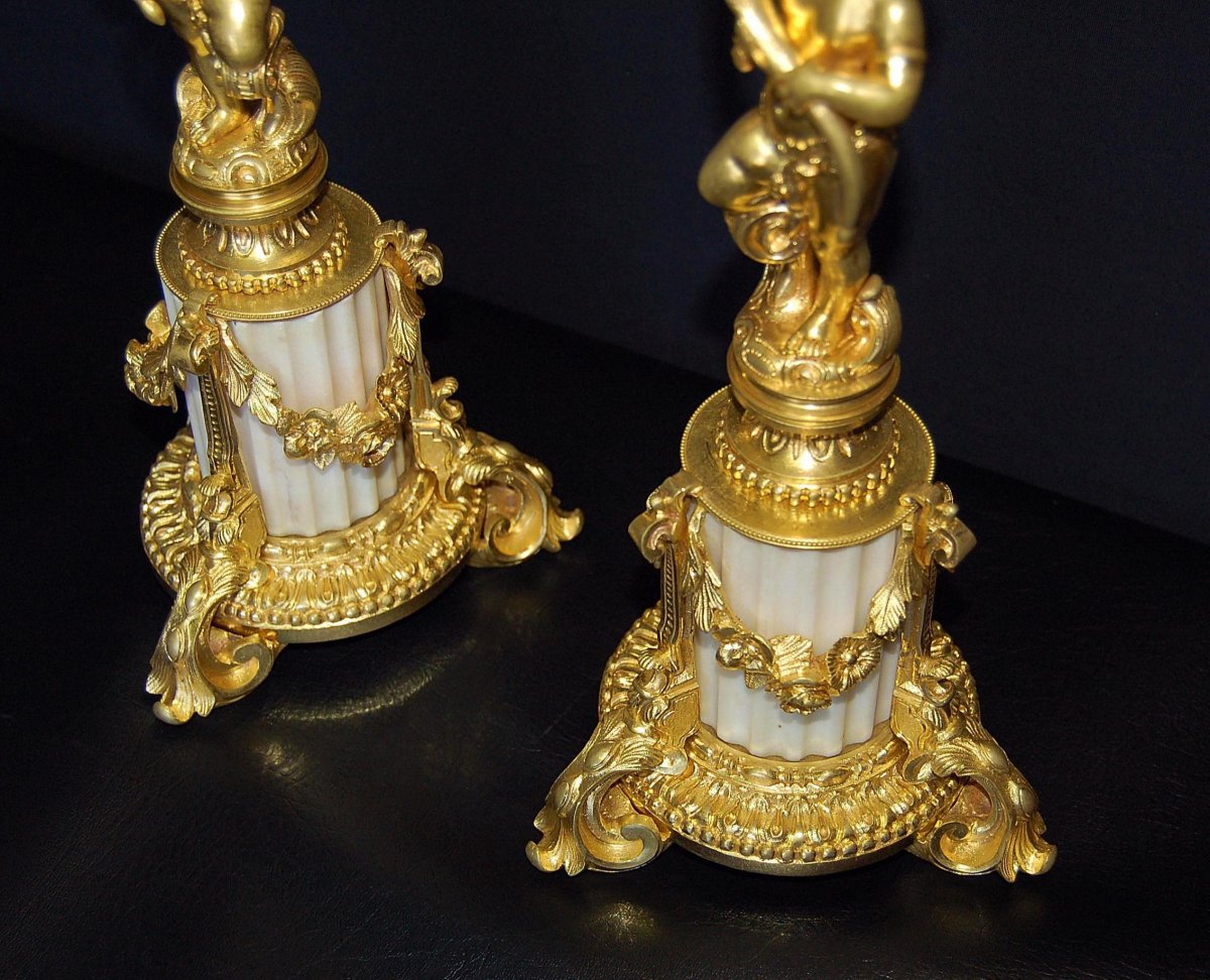 Paire De Candélabres Aux Putti Bronze Doré Ht 54 Cm-photo-5