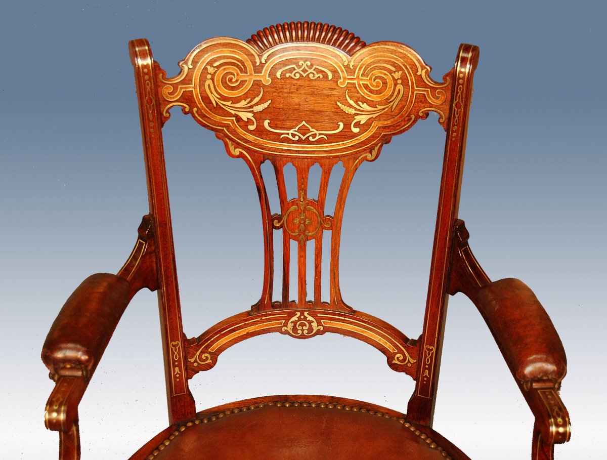 English Rosewood Armchair Inlaid With Brass XIX-photo-4
