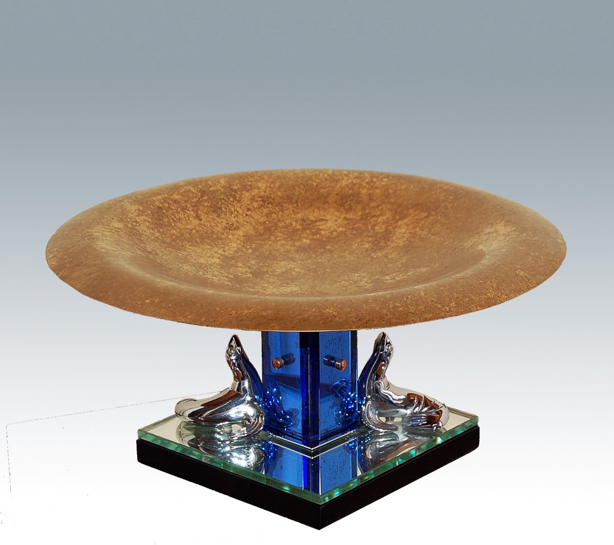 Centre De Table Art D&eacute;co Bronze Et Verre Teint&eacute; De Murano