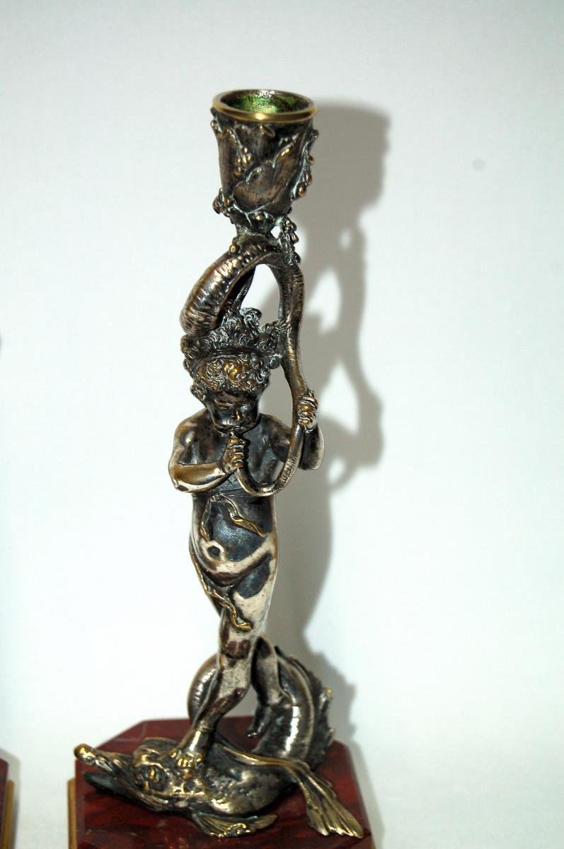 Flambeaux End XVIIIth Putto On A Dolphin Silver Bronze-photo-2