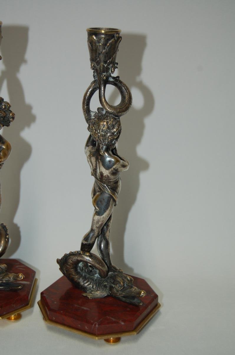Paire De Flambeaux Fin XVIIIe En Bronze Argenté Dlg de Corneille Van Clève-photo-3
