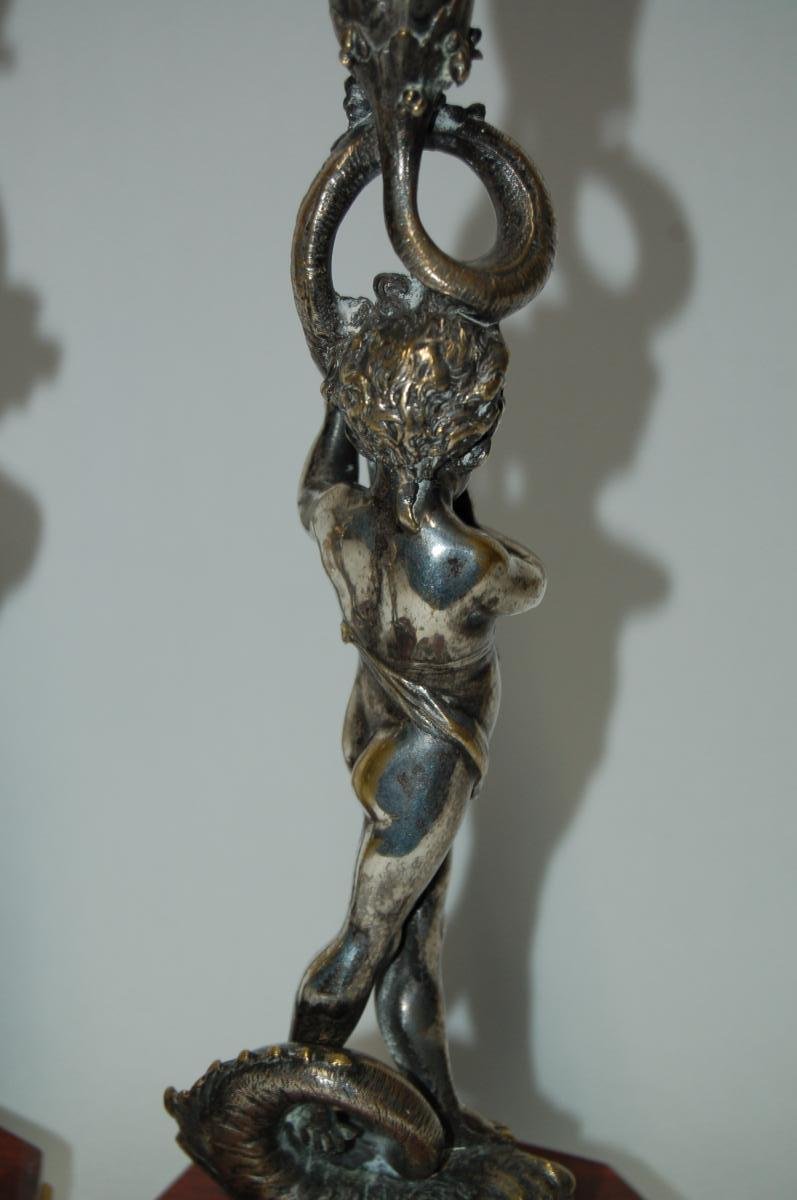 Flambeaux End XVIIIth Putto On A Dolphin Silver Bronze-photo-6