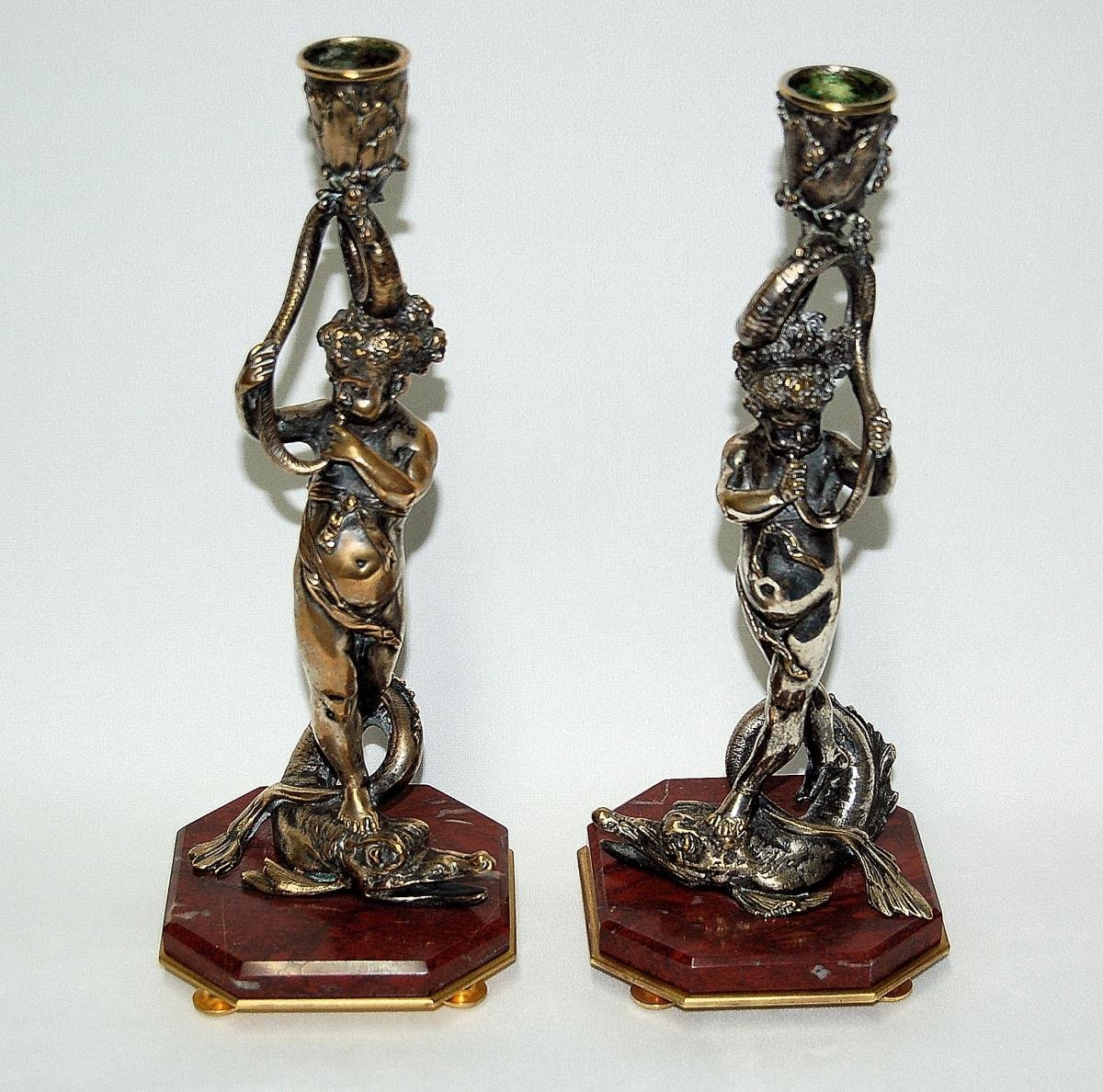 Paire De Flambeaux Fin XVIIIe En Bronze Argenté Dlg de Corneille Van Clève