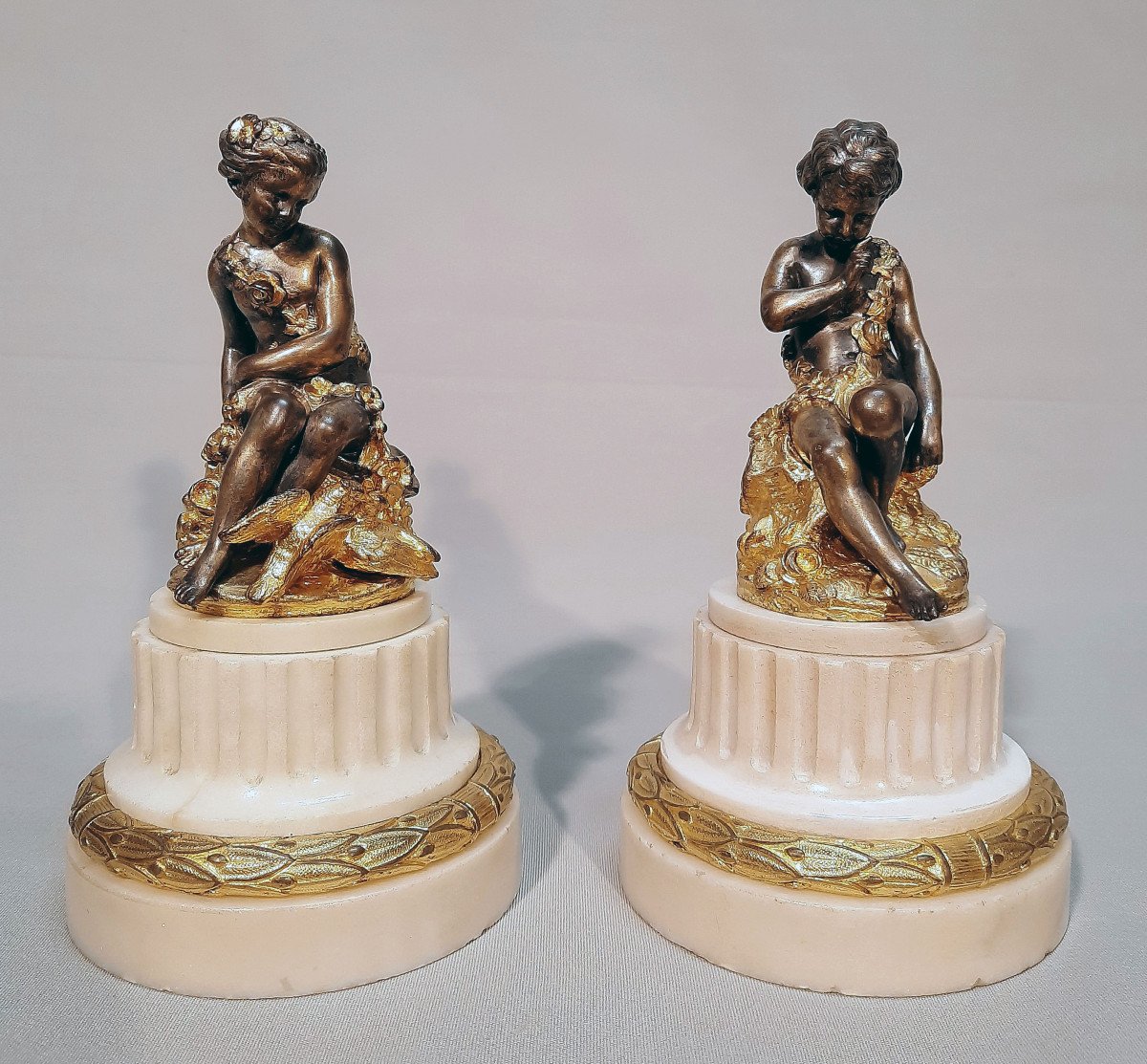 Falconet E.m Pair Of Figures In Gilded And Silvered Bronze From The Late 18th Century-photo-3