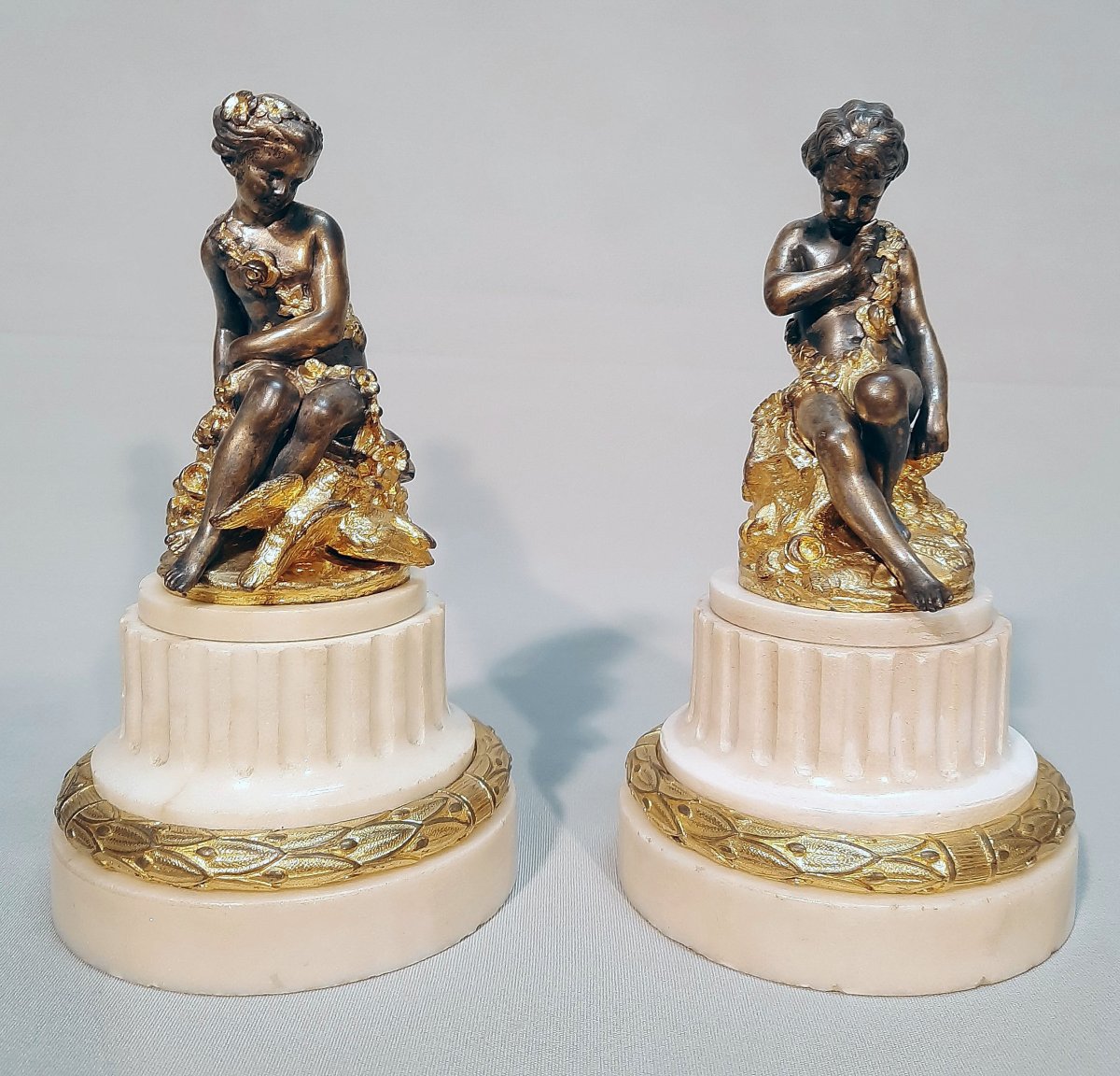 Falconet E.m Pair Of Figures In Gilded And Silvered Bronze From The Late 18th Century