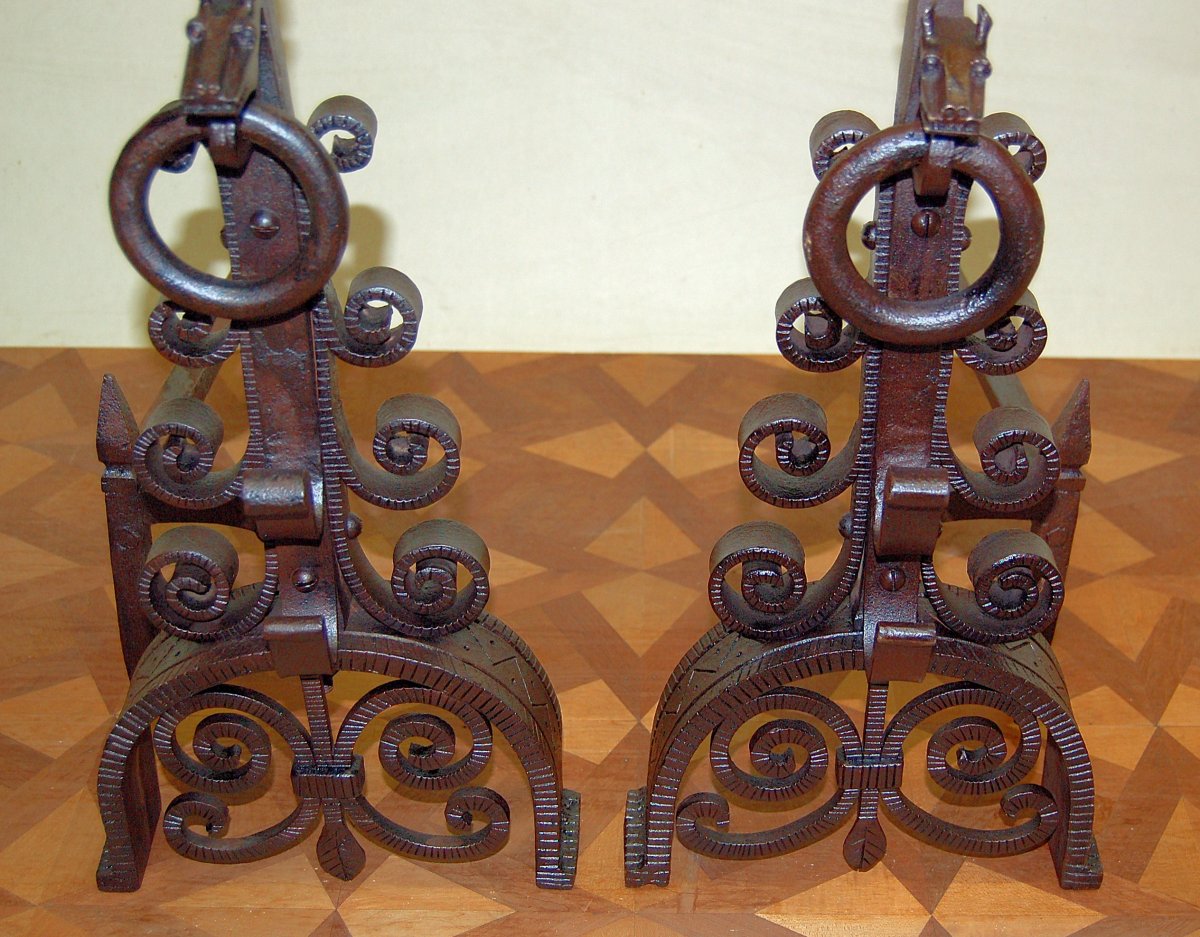 Pair Of Andirons With Horse Heads In Wrought Iron-photo-3