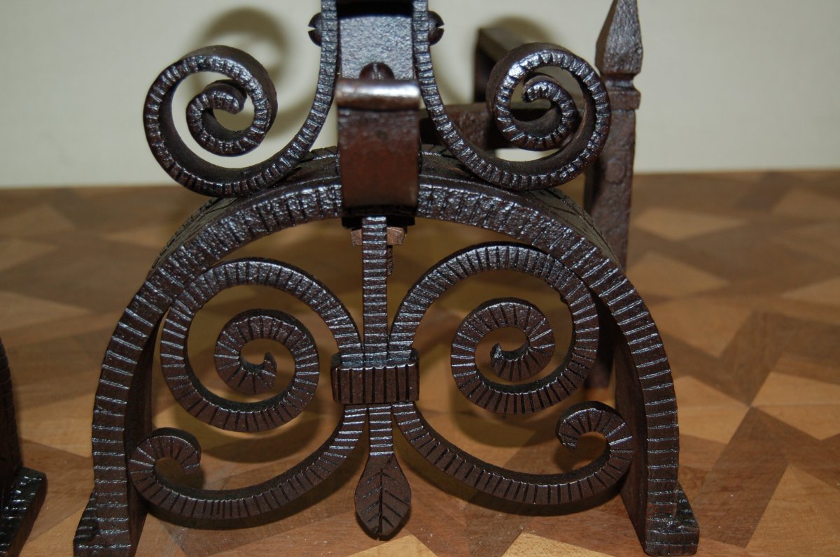 Pair Of Andirons With Horse Heads In Wrought Iron-photo-4