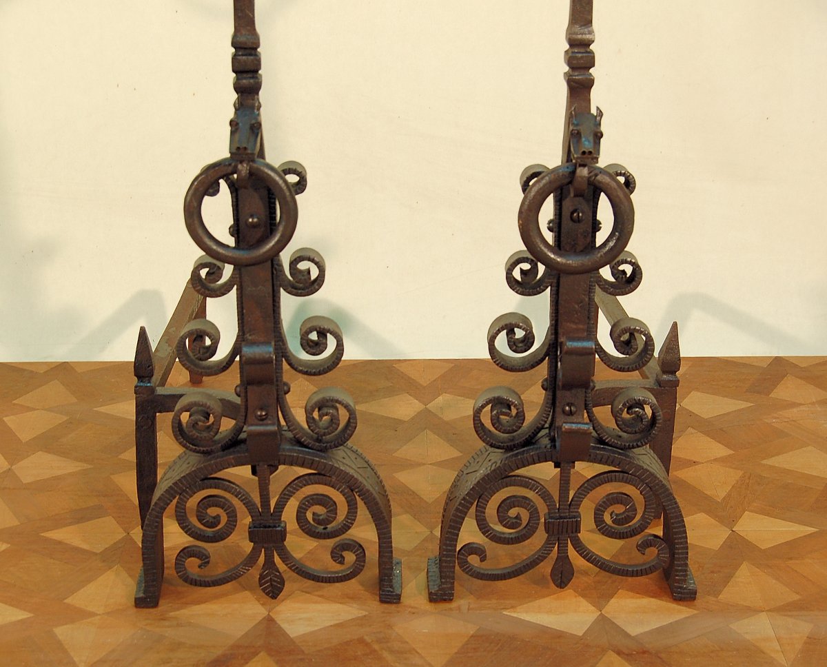 Pair Of Andirons With Horse Heads In Wrought Iron-photo-3