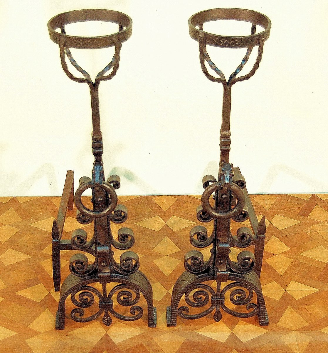 Pair Of Andirons With Horse Heads In Wrought Iron