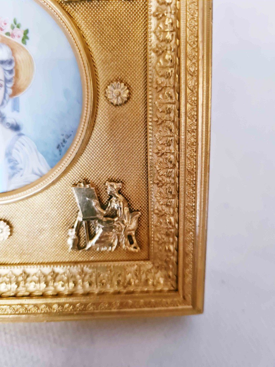 Miniature On Ivory Nineteenth In Its Golden Brass Frame-photo-4