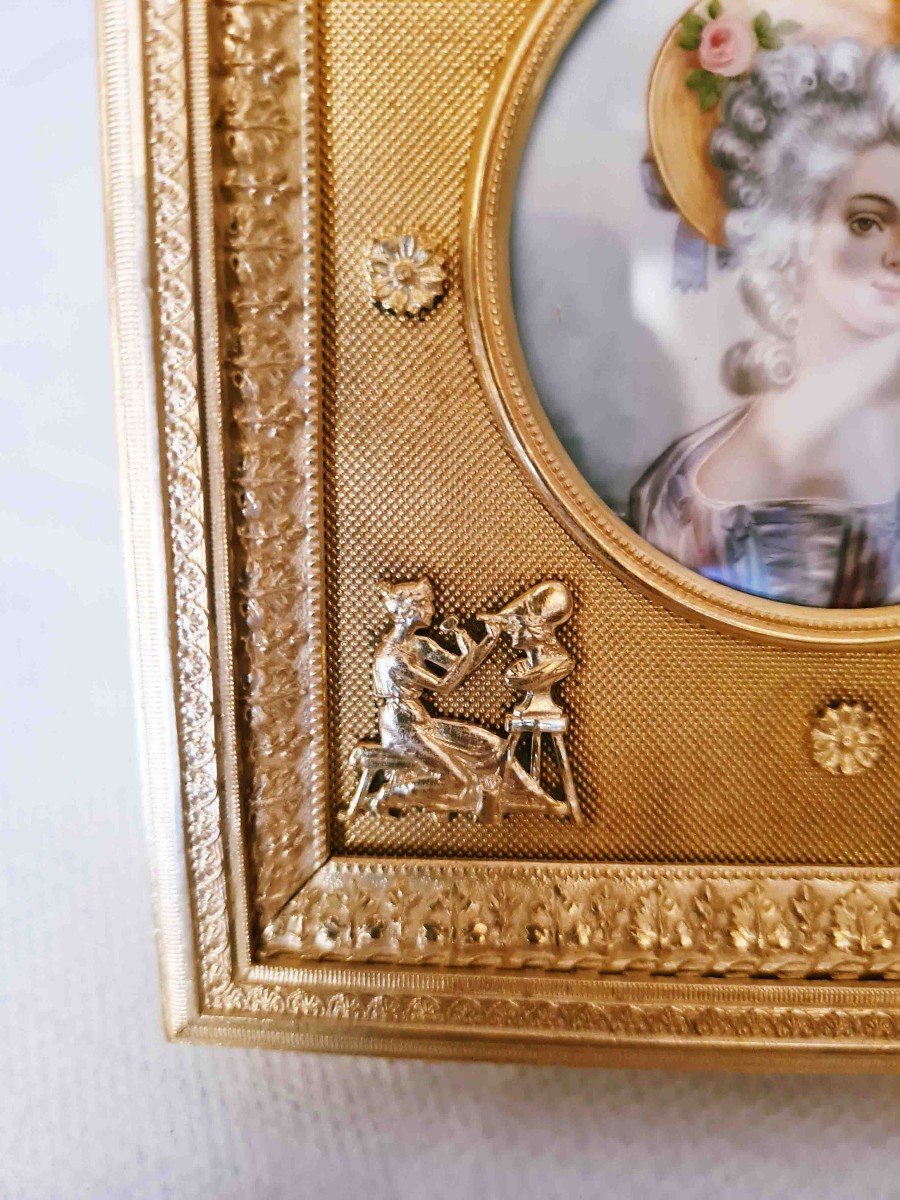 Miniature On Ivory Nineteenth In Its Golden Brass Frame-photo-5