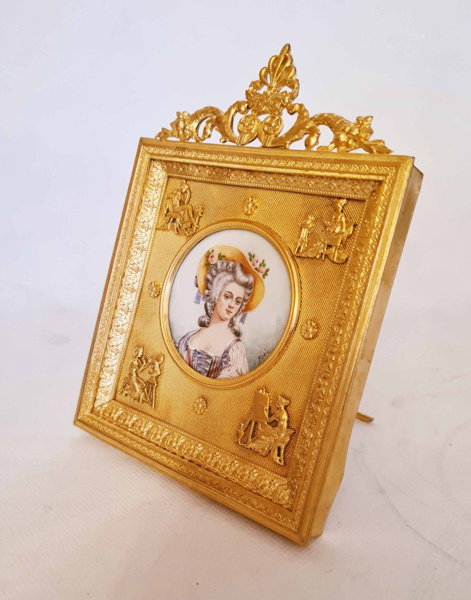 Miniature On Ivory Nineteenth In Its Golden Brass Frame-photo-8