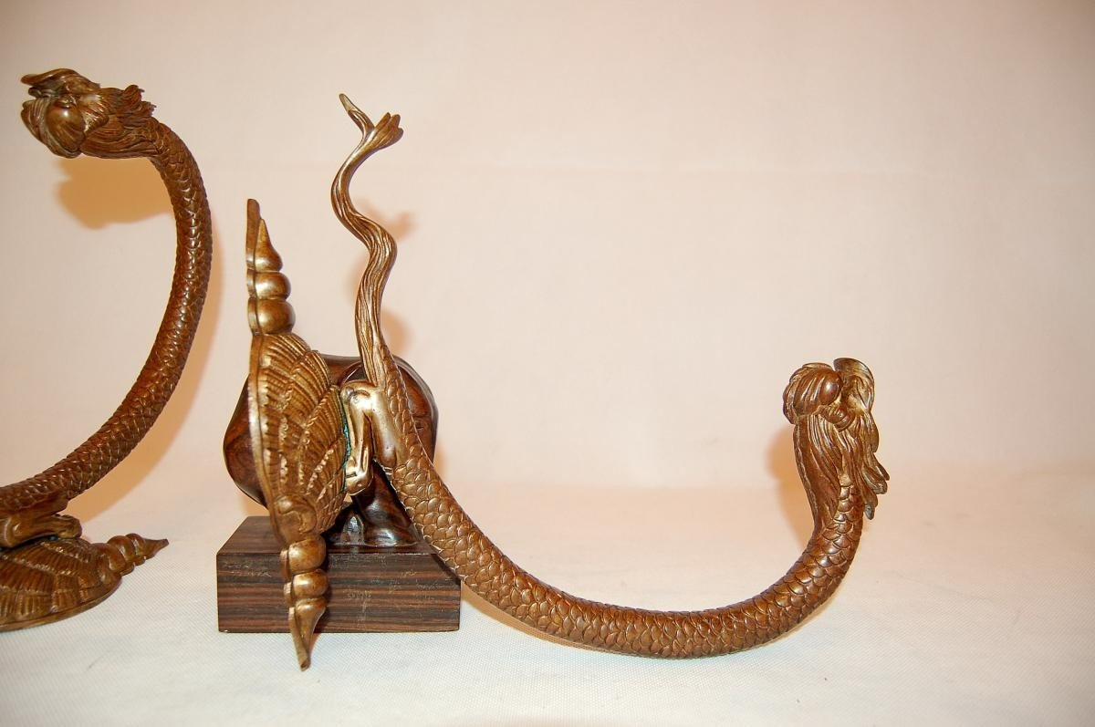 Patères Porte-embrasses, Bronze XIXè, Décor De Serpent De Mer-photo-3