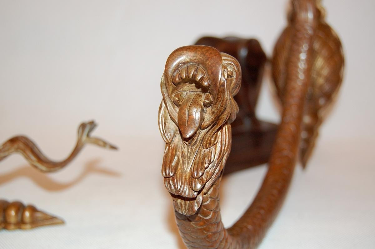 Patères Porte-embrasses, Bronze XIXè, Décor De Serpent De Mer-photo-5
